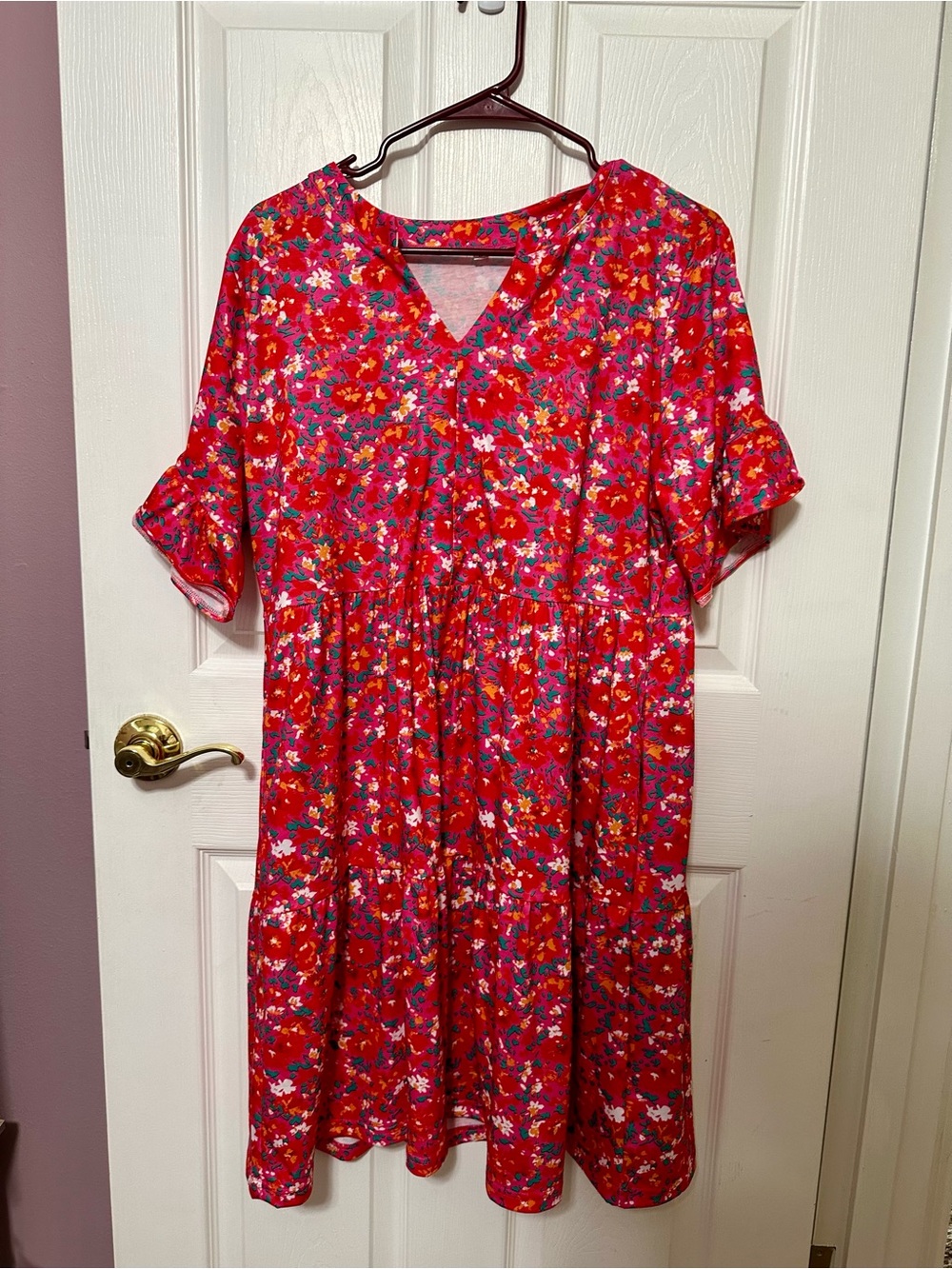 Bright Pink and Red Floral V-Neck Midi Dress Large